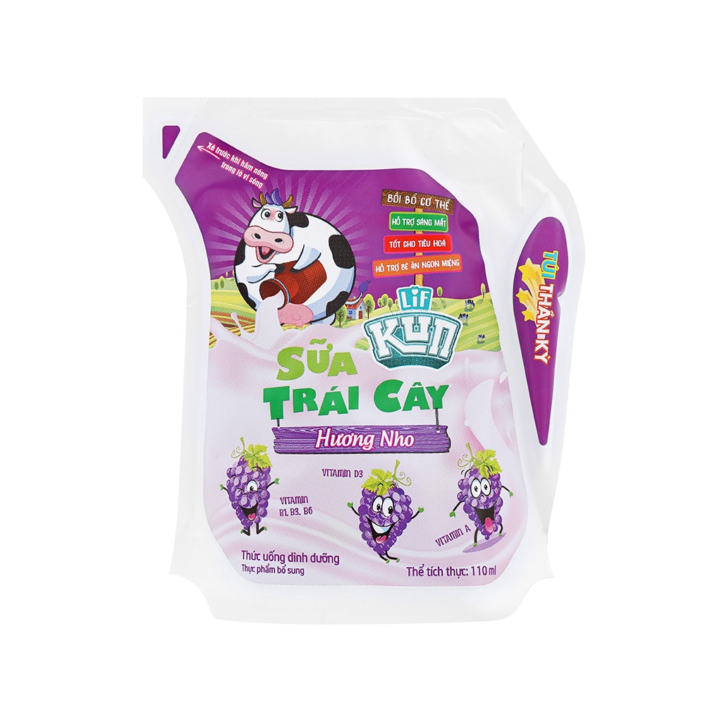 Combo 10 bịch Sữa trái cây LiF Kun hương nho 110ml