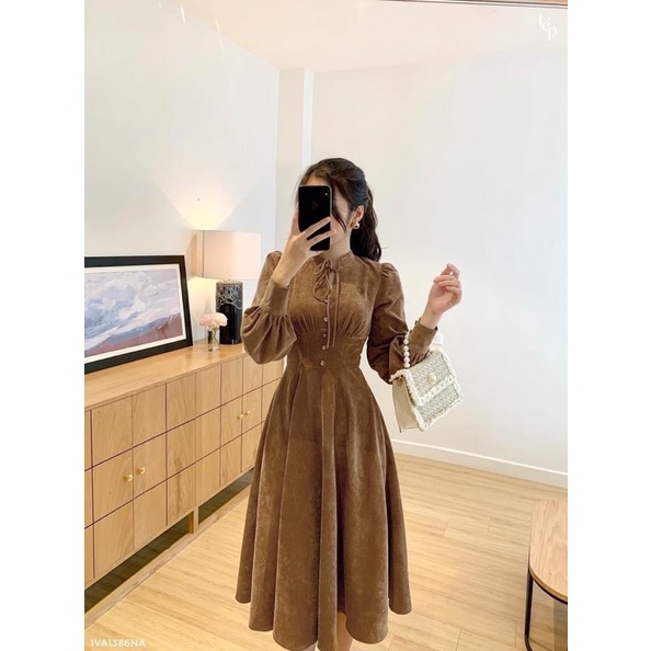 Váy Đầm Nhung Tăm Cổ Tàu Dúm Ngực Siêu Xinh