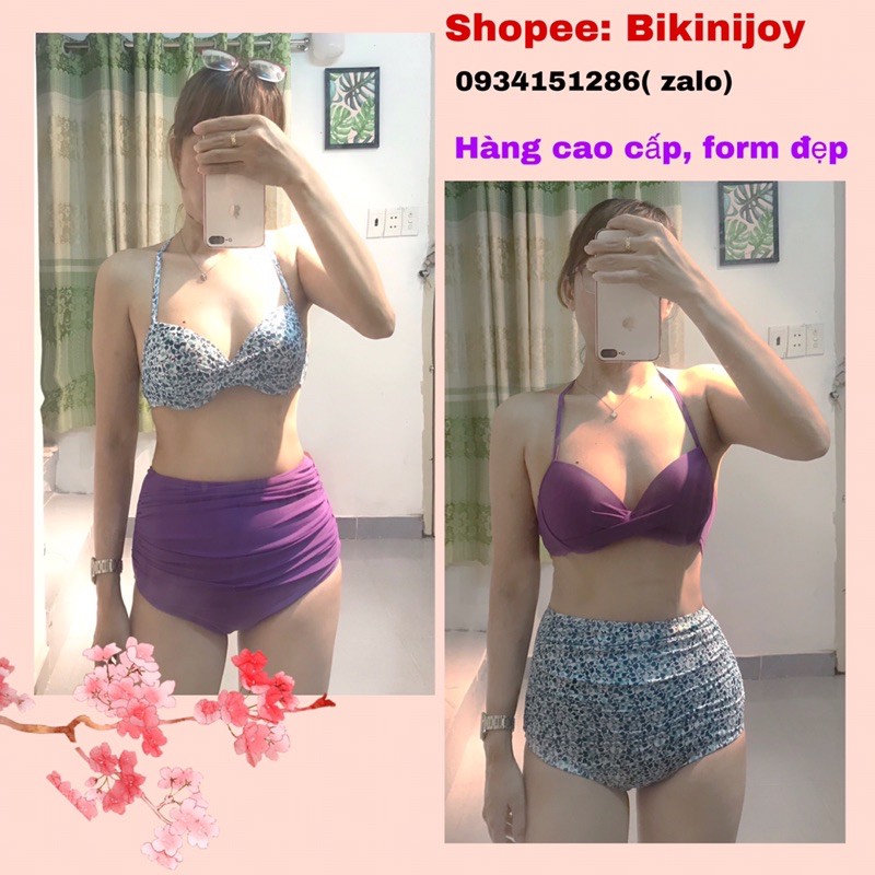 Bikini 2 mảnh ♥️ FREESHIP♥️ quần cạp cao nhún hoa tím phối màu dễ thương
