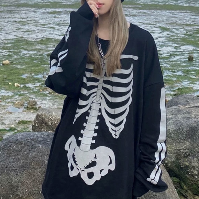 Áo Sweatshirt Tay Dài Oversize In Hình Xương Ngực Phong Cách Punk Cho Nữ