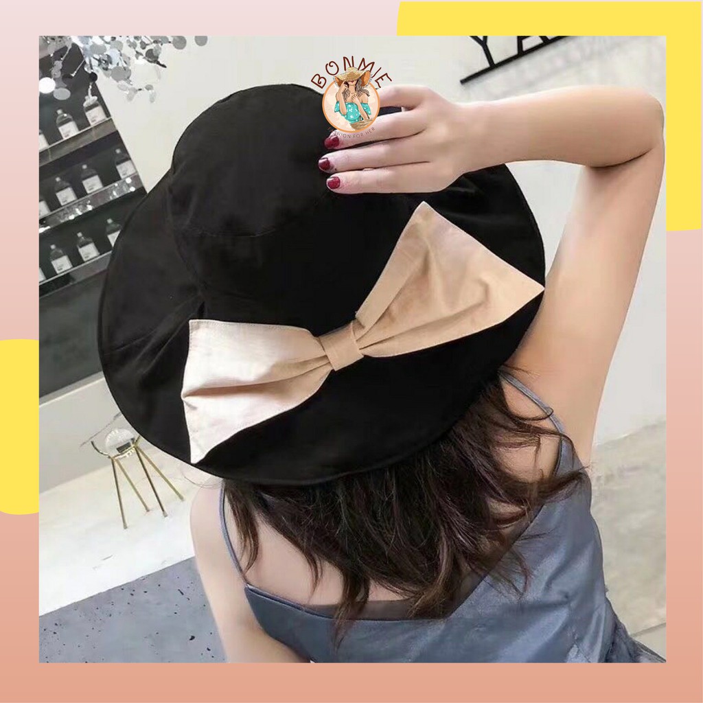 Mũ nón bucket vải vành rộng che nắng đi biển có nơ lớn phong cách Nhật Bản Hàn Quốc; M13 - BONMIE