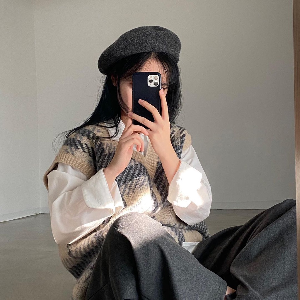 DUNEA Áo sweater không tay cổ chữ V thiết kế phong cách retro Hàn Quốc