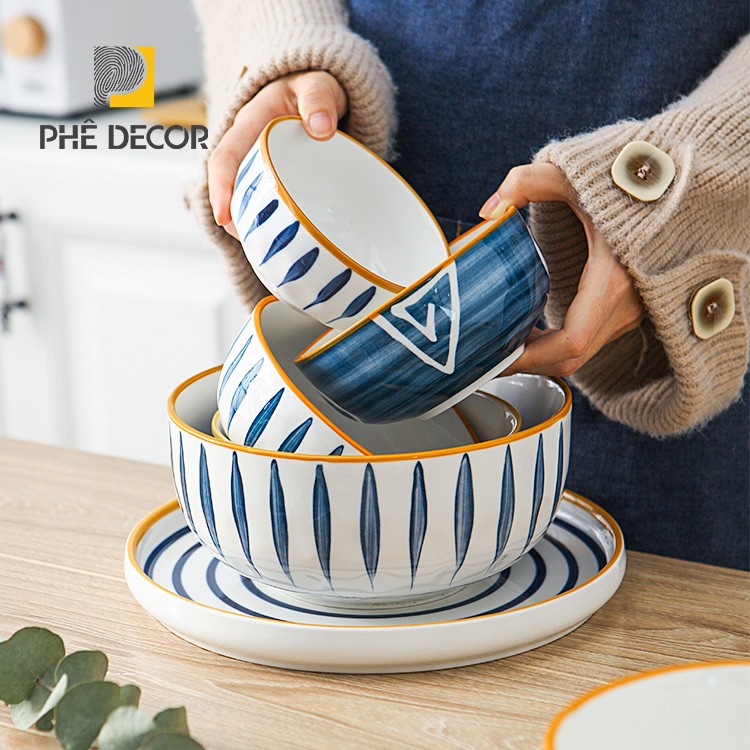 Bộ bát đĩa, chén sứ viền nâu/vàng phong cách Nhật Bản