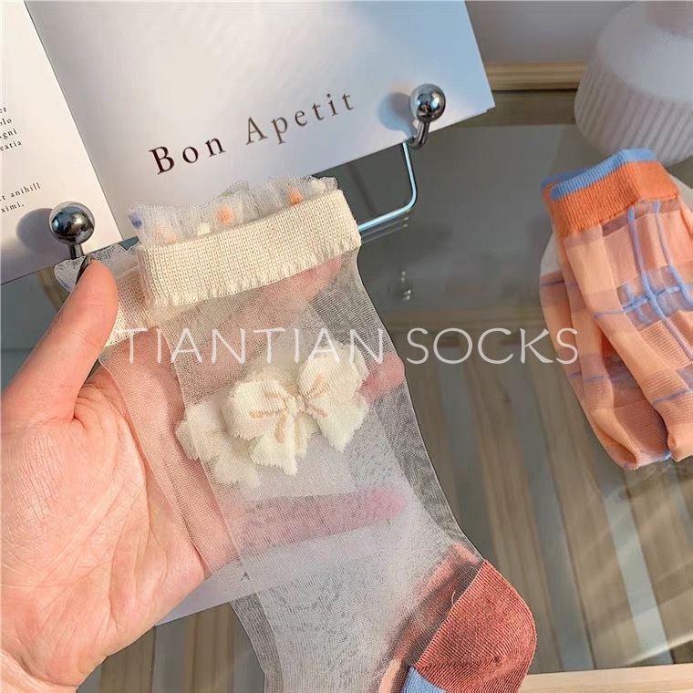 TIAN TIAN T183 Vớ Lụa Xuyên Thấu Cao Cổ Trung Bình In Họa Tiết Hoa/Bướm/Cánh Bướm Kiểu Hàn Quốc Thời Trang Xuân Hè Cho Nữ