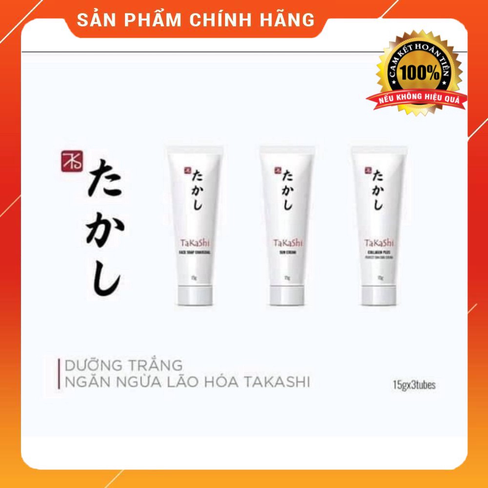 Bộ dưỡng trắng ngăn lừa lão hóa, nám da TAKASHI 15gram Sữa rửa mặt, kem chống nắng- kem tạo sợi collagen ban đêm