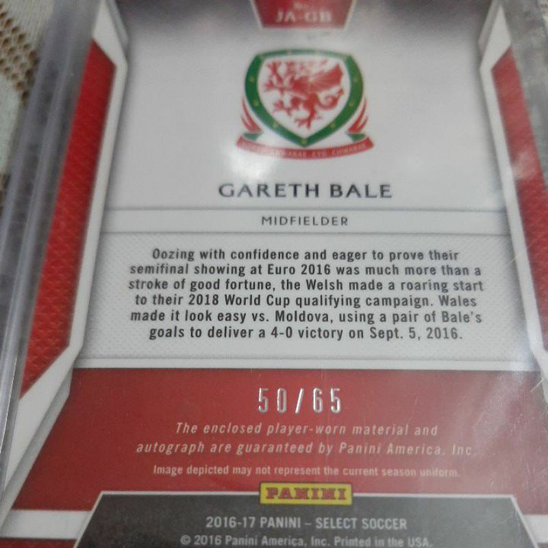 Thẻ Panini chữ ký,mảnh áo Gareth Bale 50/65