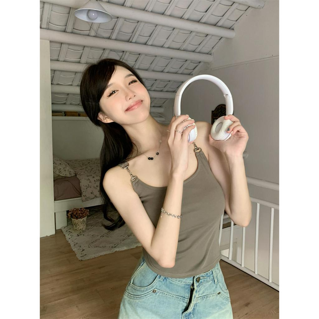 「 WELOVE1 」Áo Tank Top Hai Dây Phối Khóa Kim Loại Màu Trơn Phong Cách Hàn Quốc Thời Trang Mùa Hè Dành Cho Nữ