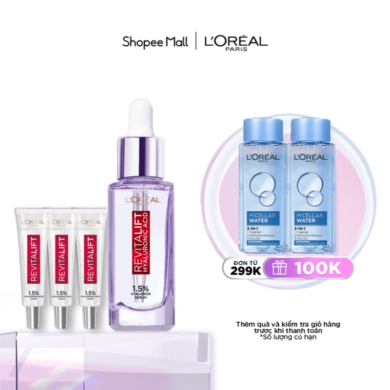 Bộ Serum 30ml và 3 Serum 7.5ml siêu cấp ẩm và giảm nếp nhăn Revitalift Pure Hyaluonic Acid 1.5% L'Oreal Paris