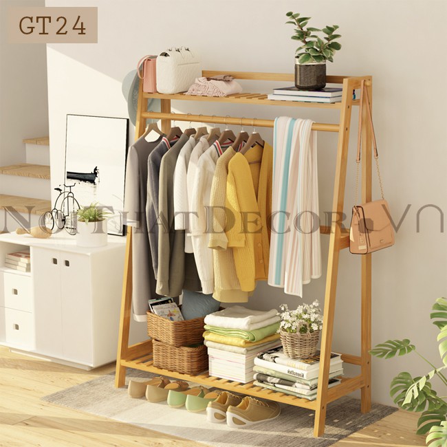Giá treo quần áo hình thang chất liệu gỗ tre cao cấp GT24