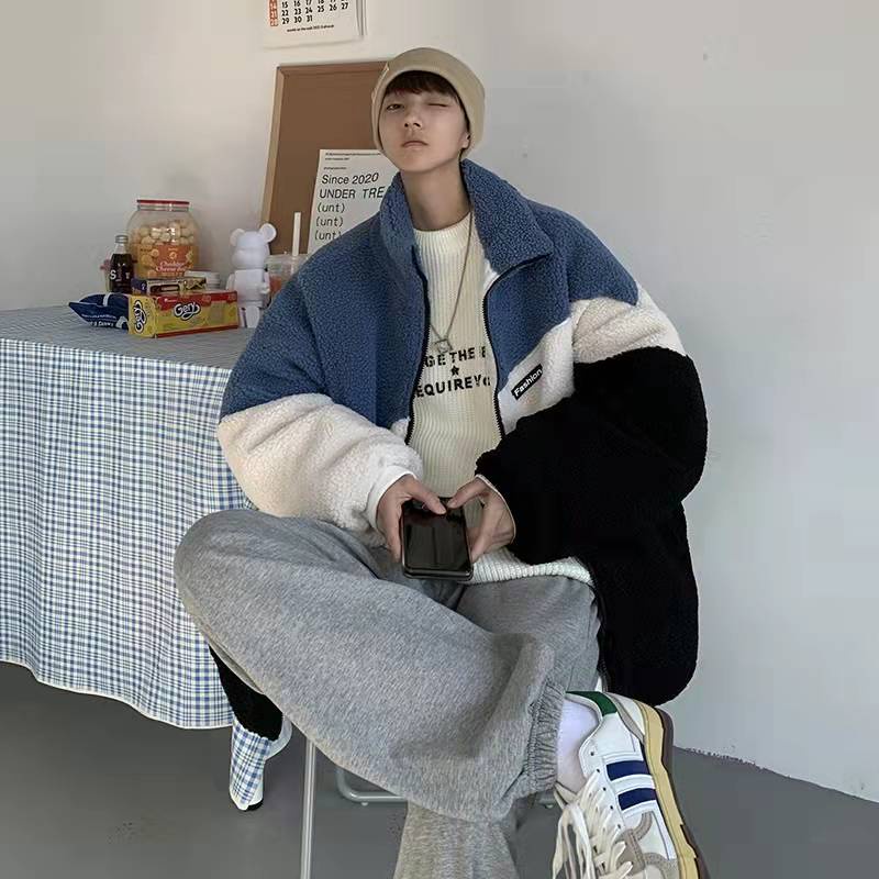 Áo khoác cotton len lông cừu dáng rộng cổ cao phối ba màu thời trang cho nam và nữ