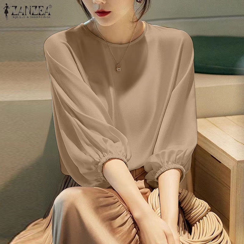 Áo kiểu ZANZEA vải satin tay 3/ 4 cổ tròn cài nút sau lưng thời trang cho nữ