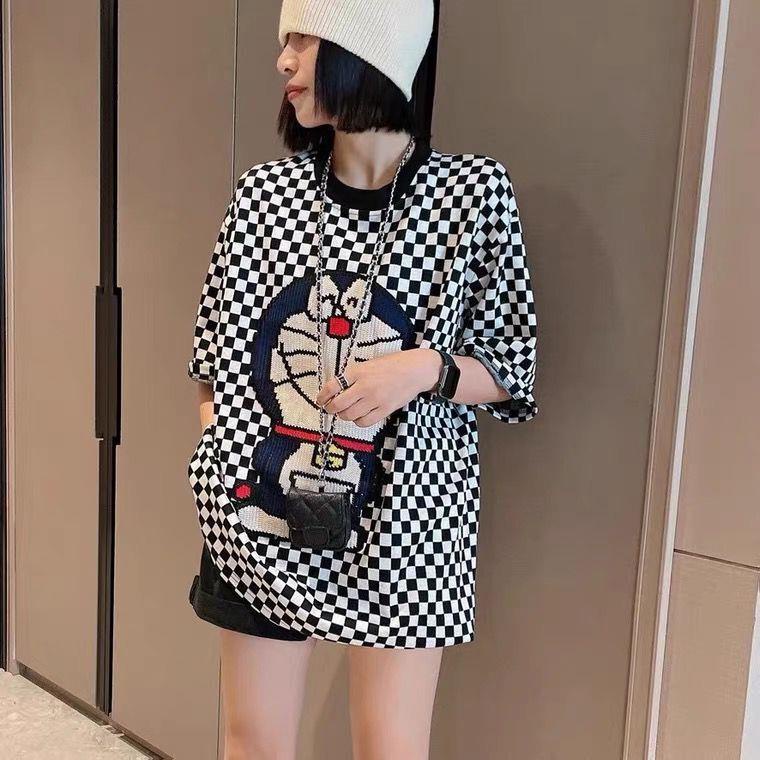 Áo Thun Cổ Tròn Dáng Rộng In Hình Mèo Máy Chuông Bảng Cờ Kẻ Ô Vuông Thời Trang Hàn Quốc Mới Mùa Xuân Hè 2022