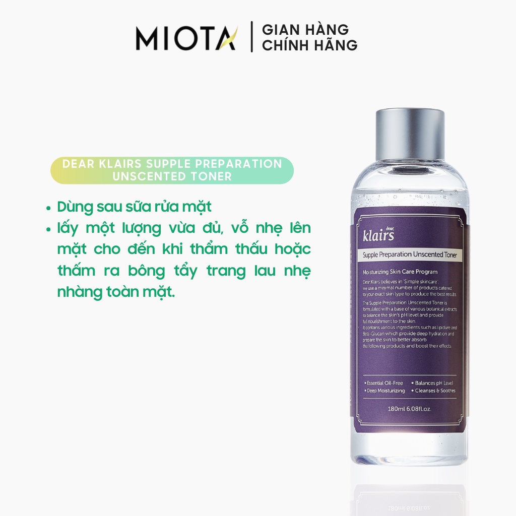 Nước hoa hồng không mùi dưỡng ẩm da và làm mềm da Klairs Supple Preparation Unscented 180ml | WebRaoVat - webraovat.net.vn