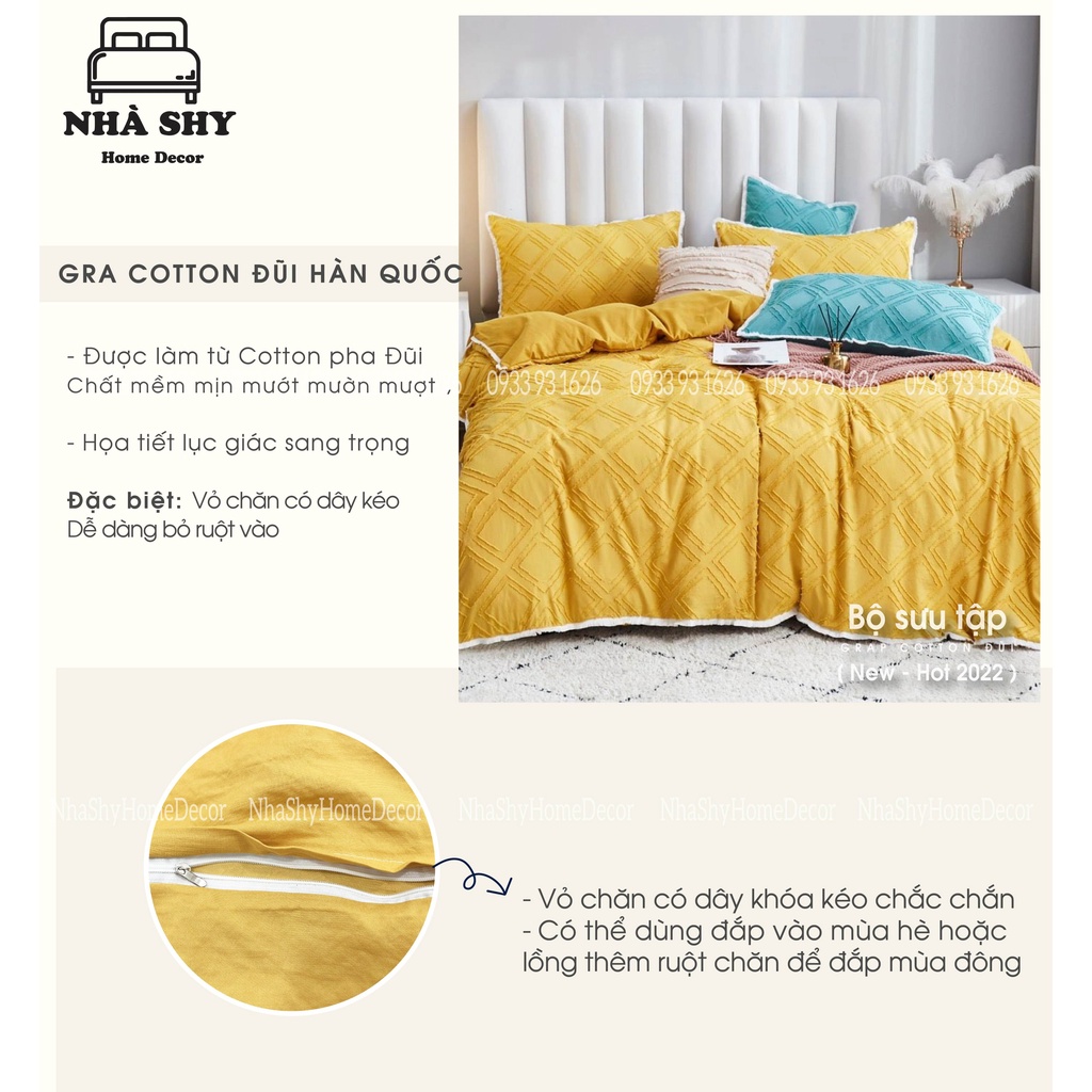 Trọn Bộ 5 Món Ga Gối Cotton Đũi Hàn Quốc - Họa Tiết Đa Giác - Chất Liệu Cotton Đũi Thoáng mát - Set vỏ chăn