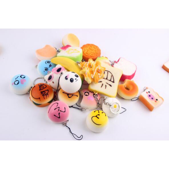 Bộ 10 / 20 / 30 móc khóa squishy dẻo có độ đàn hồi nhiều hình dạng dễ thương