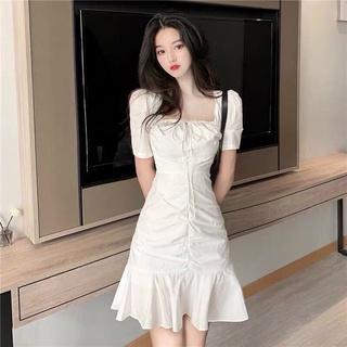 Đầm lụa trắng dự tiệc cổ vương đuôi cá xòe ngắn tay đầm 8