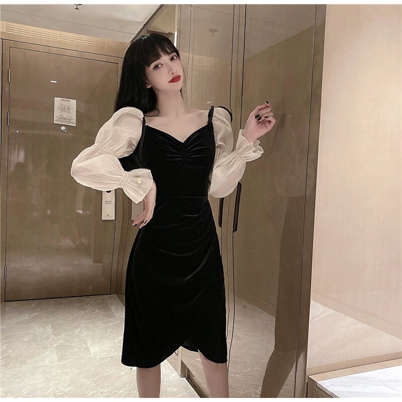 Body nhung nhún ngực tay voan nhún