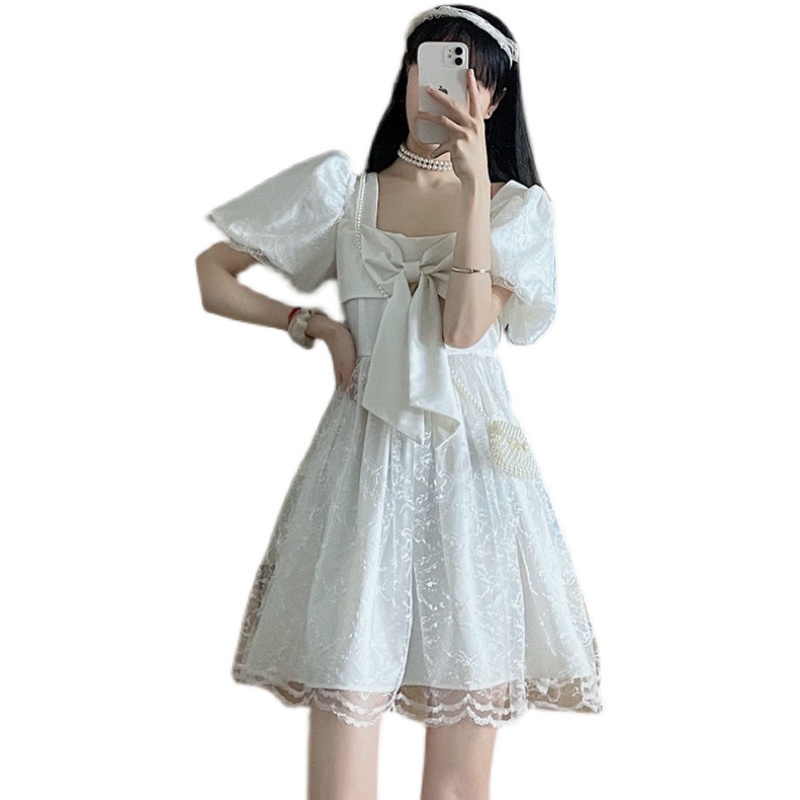 Jiashucheng Đầm Ngắn Dáng Ôm Eo Nhỏ Đính Nơ Phong Cách Pháp Ngọt Ngào Thời Trang Mùa Hè Dành Cho Bạn Nữ