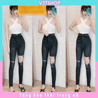 Quần jean khói rách bò nữ cạp cao rách gối dáng ôm chất jeans đẹp cao cấp.