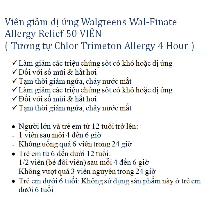 [DATE 3/2023] Walgreens Wal-Finate Allergy Relief 50 VIÊN ( Tương tự Chlor Trimeton Allergy 4 Hour )