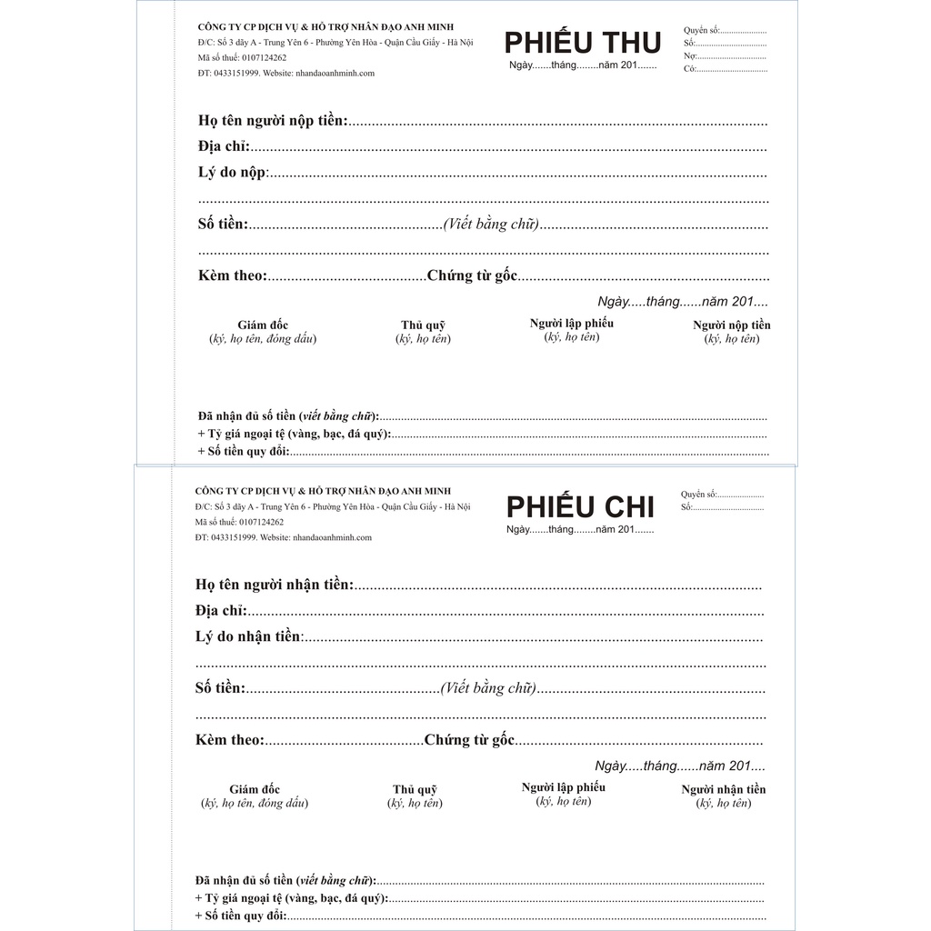 In phiếu thu , phiếu chi công ty theo yêu cầu