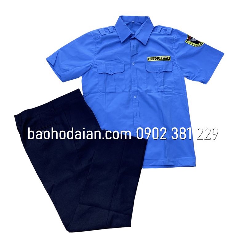 Quần áo bảo vệ màu xanh cộc tay kèm logo tay ngực (quần casme, áo vải xi)