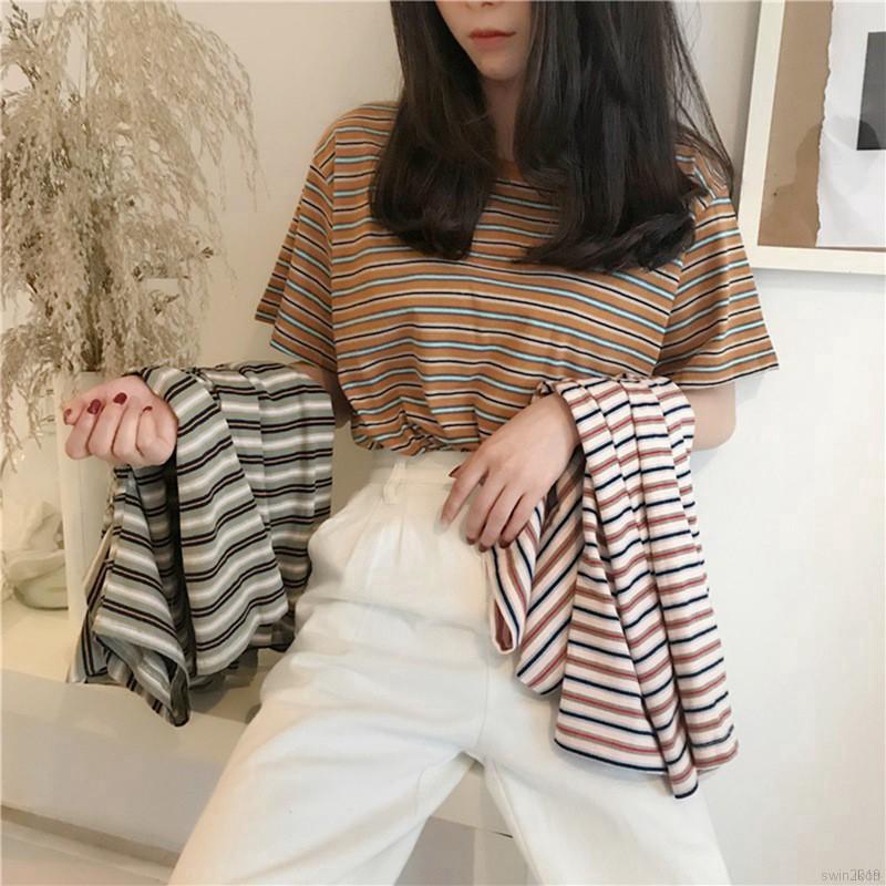 Áo thun nữ Women's Fashion Casual Striped Loose T Shirt