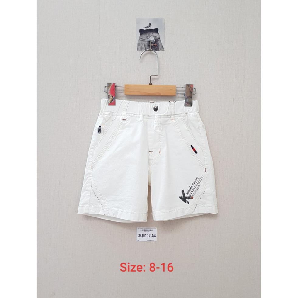XQ0102-A4 - Quần Kaki soóc đùi bé trai, in chữ, màu trắng, hiệu kikids, size nhỡ 8t-16t, ri7- Hàng Made In Vietnam