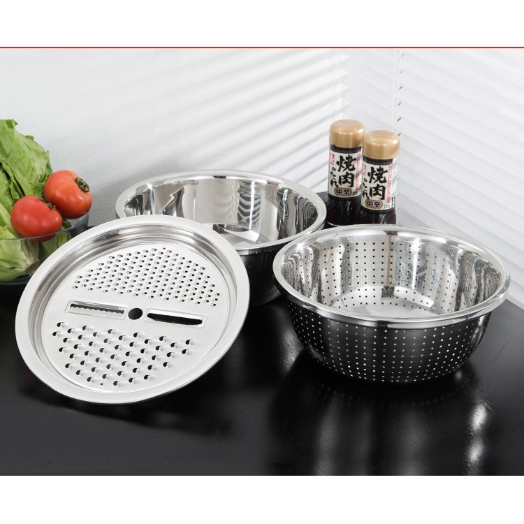 Bộ Thau Rổ bào inox tiện lợi 26 cm, Mâm nạo củ quả tiện lợi 3 trong 1/RỔ BÀO RAU CỦ INOX - BỘ THAU RỔ BÀO RAU CỦ INOX