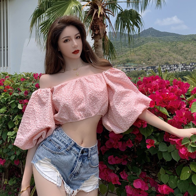 Korean jacquard tube top one-line neck blouse strapless sexy short top