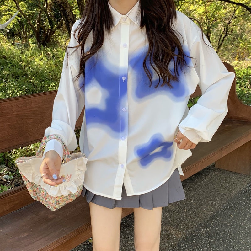 Áo Sơ Mi Trắng Tay Dài Dáng Rộng In Họa Tiết Graffiti Thời Trang Xuân Thu