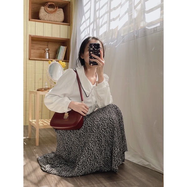 Chân váy midi họa tiết hoa nhí xòe dài vintage điệu đà Hàn Quốc