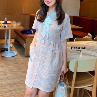 Đầm suông Caro cổ nơ trắng ( Xanh - Da )