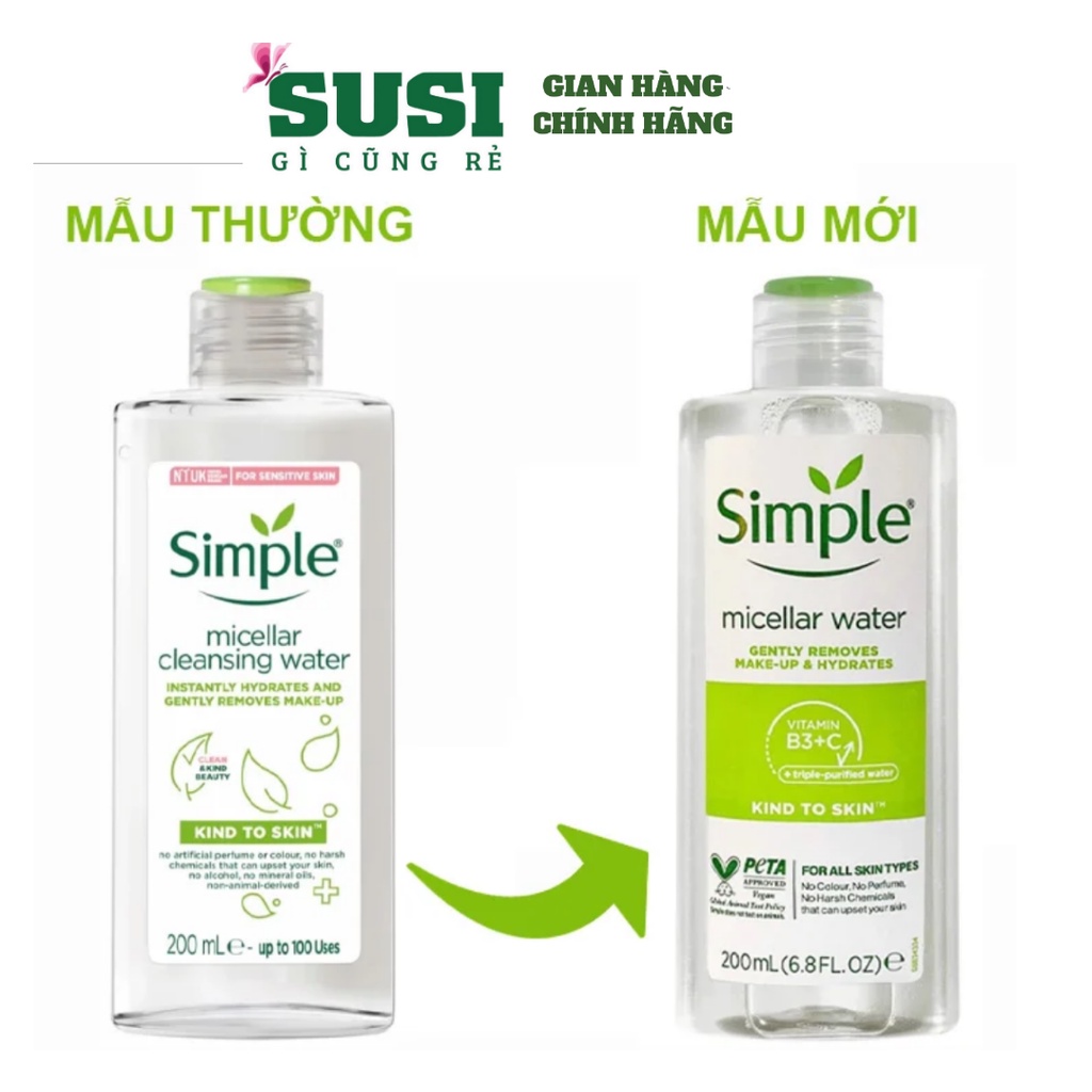 Nước tẩy trang Simple Kind To Skin Cleansing Micellar Water 200ml