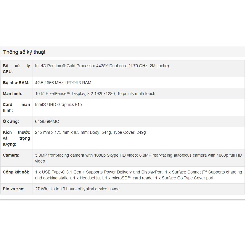 Máy tính bảng Microsoft Surface Go 2 10.5'' Ram 4G SSD 64GB Pentium Gold 4425Y Dòng máy 2 trong 1 Tại Playmobile