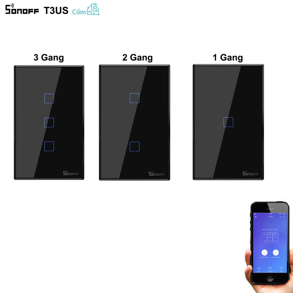 [Bản mới]Công tắc wifi Sonoff TX màu đen - mẫu T3 chuẩn Mỹ âm tường(1 nút, 2 nút, 3 nút) - có thể dùng remote 433mhz