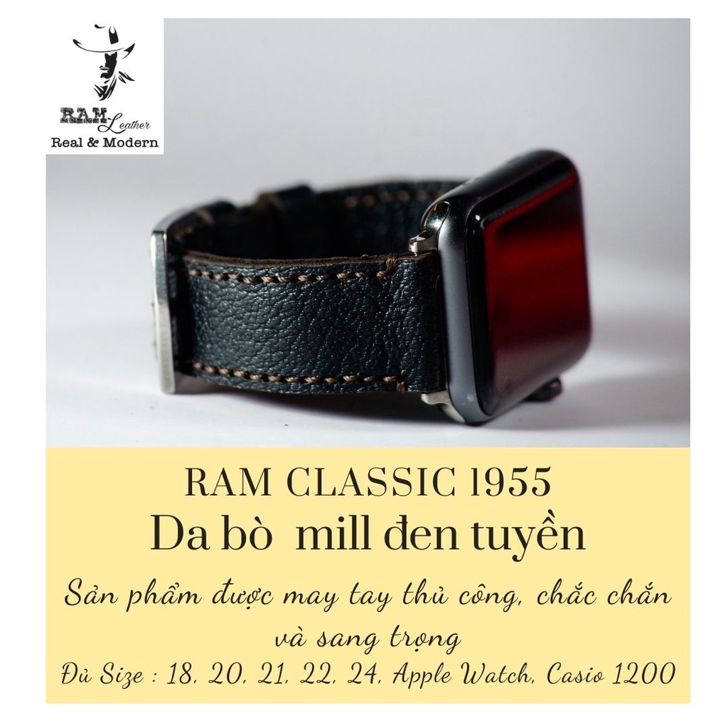 Dây đồng hồ RAM Leather vintage 1955 da dê đen tuyền vân alran tự nhiên