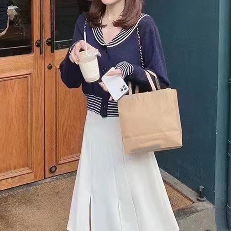 SUXI Áo Sweater Dệt Kim Tay Dài Cổ Chữ V Kẻ Sọc Màu Sắc Tương Phản Thời Trang Mùa Thu Cho Nữ