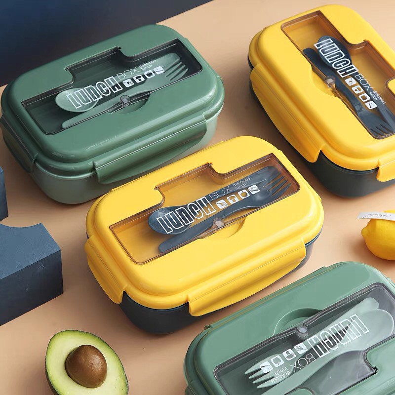 Hộp cơm giữ nhiệt văn phòng 2 ngăn 1100ml kèm dĩa thìa hộp cơm hâm nóng trong lò vi sóng | BigBuy360 - bigbuy360.vn