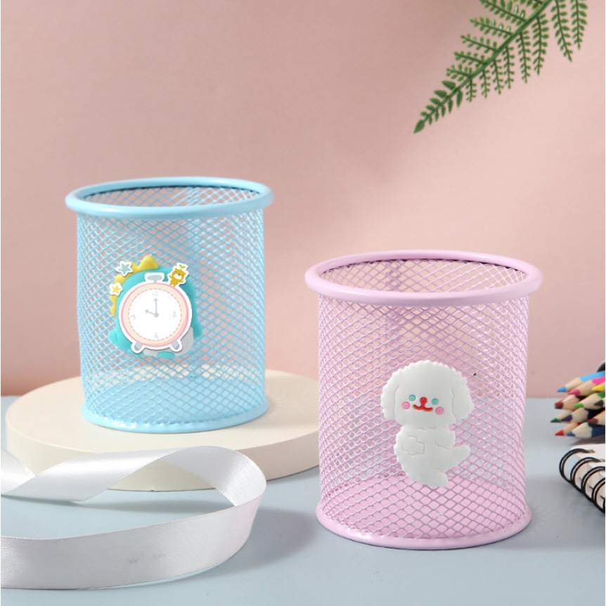 Ống cắm bút, hủ đựng bút, đồ đựng bút bằng sắt kim loại lưới nhiều màu dễ thương hình tròn