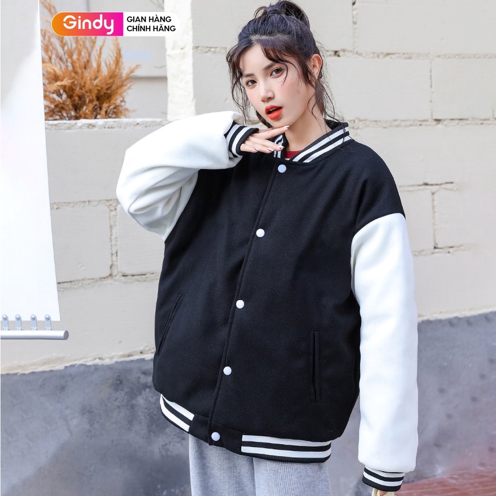 Áo khoác bomber bòng chày trơn unisex GINDY chất da lộn form rộng dày dặn, mặc đi học, đi chơi size M (40kg-75kg) A1211 | BigBuy360 - bigbuy360.vn