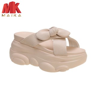 Dép đế xuồng nữ MK MAIKA S151 Kem cao 8cm, cao gót, gót mềm, chóng trơn trượt, quai thắt nơ xinh xắn phù hợp đi biển