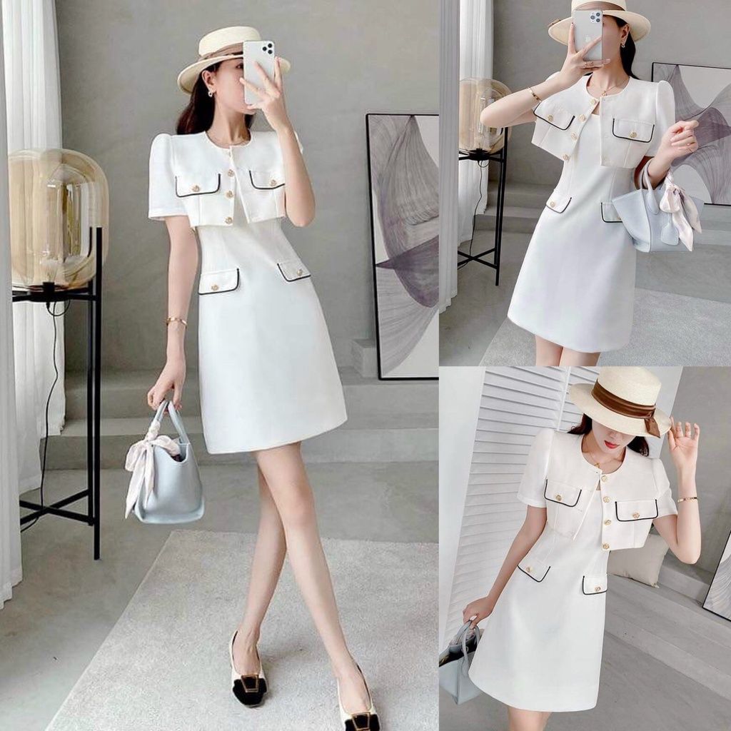 SET BỘ THỜI TRANG NỮ ÁO KHOÁC CỔ VEST KẾT HỢP ĐẦM MIDI 2 DÂY BẢN TO CÓ VIỀN VÀ NÚT THẬT