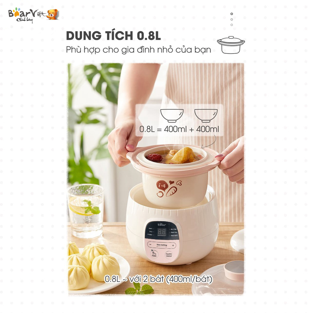 NỒI NẤU CHÁO, NINH, HẦM, HẤP CÁCH THUỶ 6 IN 1, Nồi Nấu Chậm Đa Năng 2 Tầng BEAR 0,8L SUBE001 [Hàng Chính Hãng]