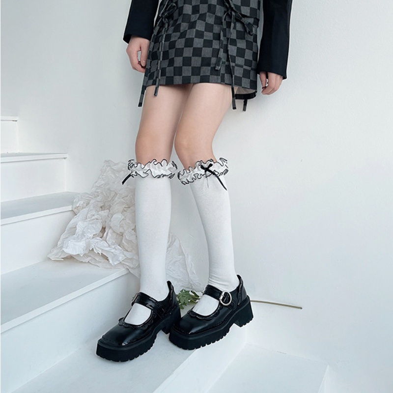 Vớ Cao Đến Đầu Gối Vải Cotton Phối Dây Ruy Băng Màu Tương Phản Phong Cách Lolita Dành Cho Nữ