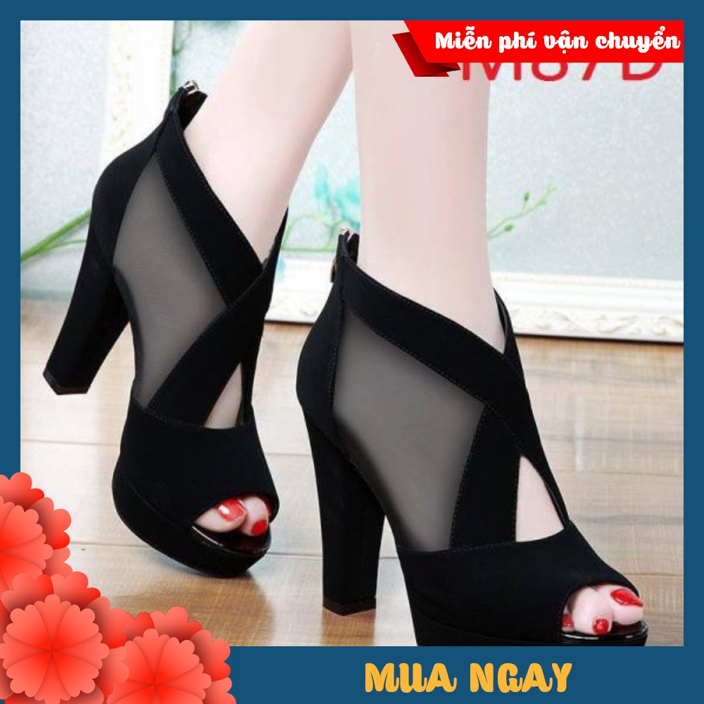Giày Cao Gót 9p Phối Lưới Dây Đan Chéo