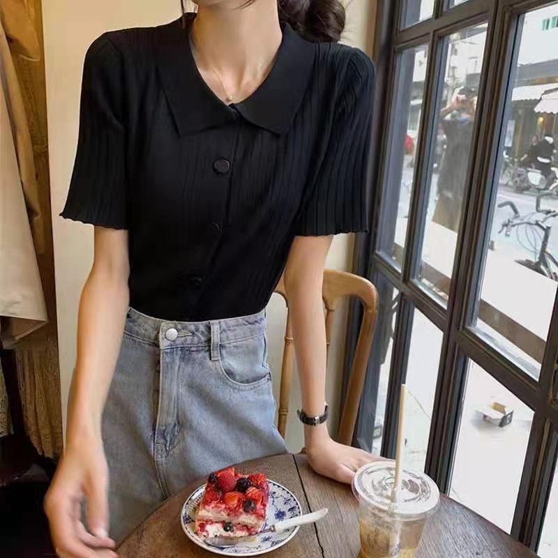 Áo Cardigan Dệt Kim Màu Trơn Cổ POLO Phong Cách Retro Độc Đáo Dễ Phối Đồ Thời Trang Cho Nữ  tao bao