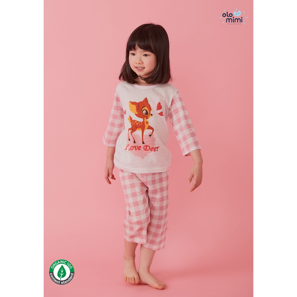 Bộ pijama lửng bé gái I love deer 100% cotton - Olomimi Hàn Quốc