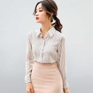 Áo Sơ Mi Công Sở Nữ GILLEE Lụa Cát Sọc White