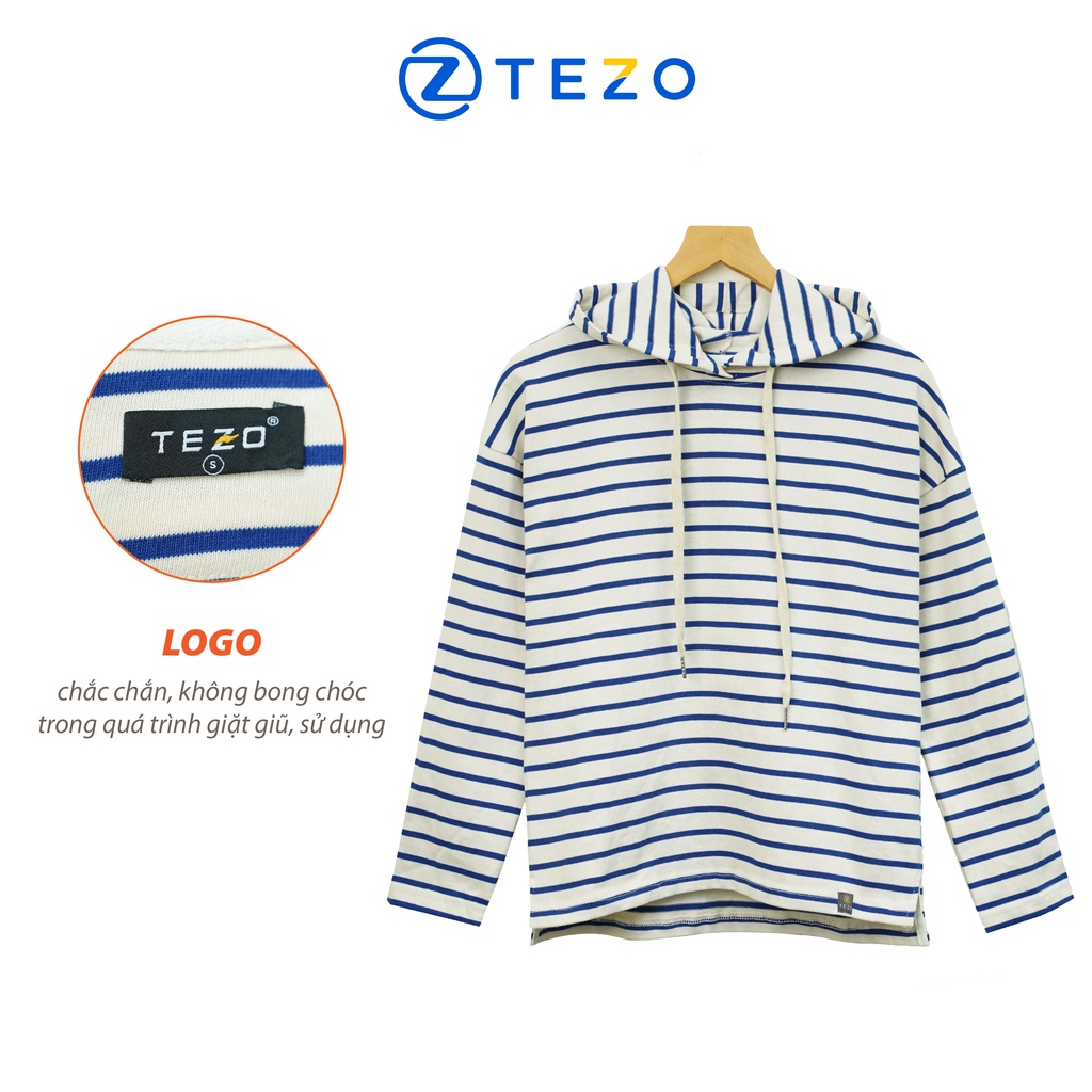 Áo Hoodie nữ Tezo nỉ nữ có mũ phối kẻ ngang 22ANMS001